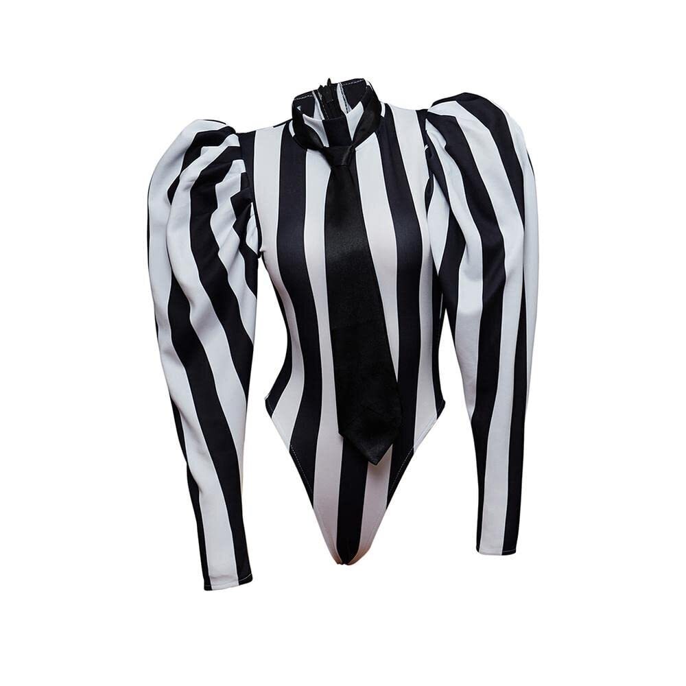 7217 Sexy Black White Striped Bodysuit-L